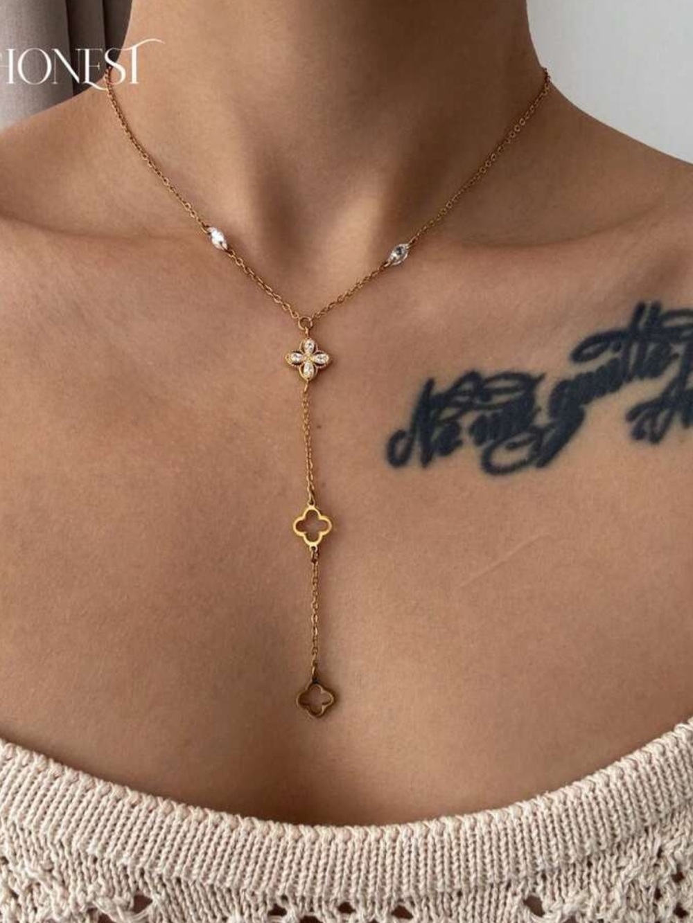 Delicate Gold Clover Y-Drop Necklace by